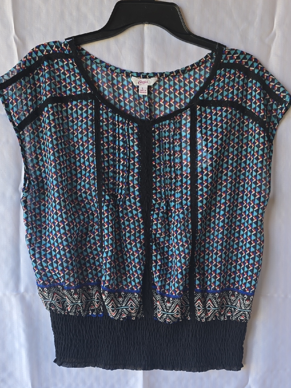 Candies Blues Black & Teal Geometric Cap-Sleeve Tunic